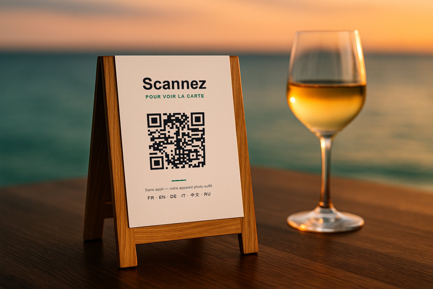 Un chevalet « Scannez pour voir la carte » posé sur une table de restaurant, face au lagon au coucher du soleil