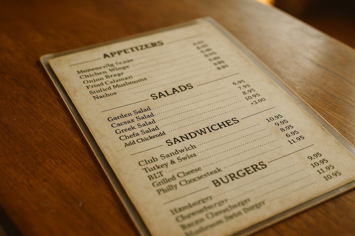 Une carte de restaurant plastifiée, datée, aux prix corrigés à la main